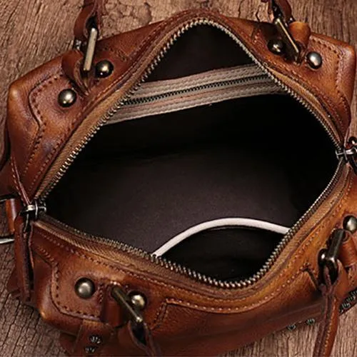 Brown Vintage Womens Leather Rivet Handbag Red Side Bag Satchel Bag Purse for Ladies