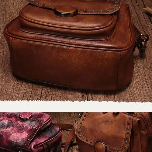 Brown Vintage Womens Leather Rivet Handbag Red Side Bag Satchel Bag Purse for Ladies