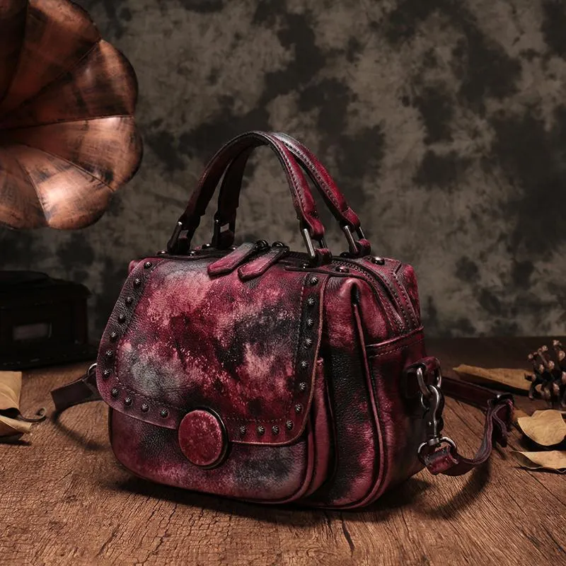 Brown Vintage Womens Leather Rivet Handbag Red Side Bag Satchel Bag Purse for Ladies