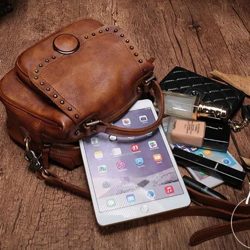 Brown Vintage Womens Leather Rivet Handbag Red Side Bag Satchel Bag Purse for Ladies
