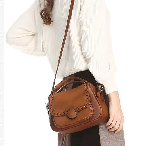 Brown Vintage Womens Leather Rivet Handbag Red Side Bag Satchel Bag Purse for Ladies