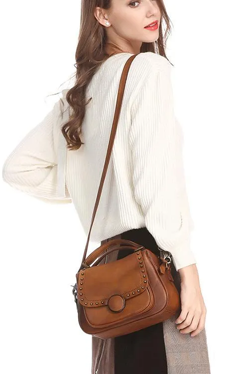 Brown Vintage Womens Leather Rivet Handbag Red Side Bag Satchel Bag Purse for Ladies