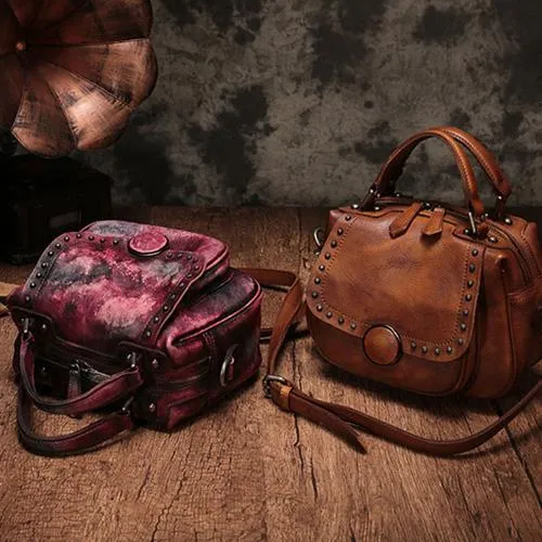 Brown Vintage Womens Leather Rivet Handbag Red Side Bag Satchel Bag Purse for Ladies