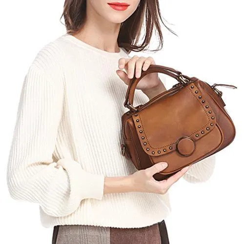 Brown Vintage Womens Leather Rivet Handbag Red Side Bag Satchel Bag Purse for Ladies
