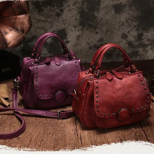Brown Vintage Womens Leather Rivet Handbag Red Side Bag Satchel Bag Purse for Ladies