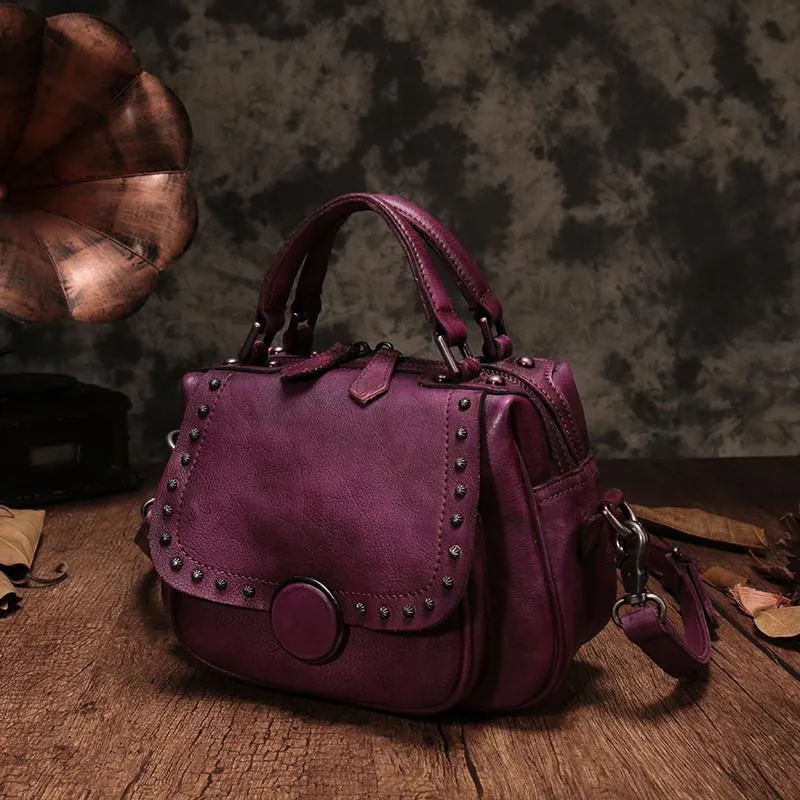 Brown Vintage Womens Leather Rivet Handbag Red Side Bag Satchel Bag Purse for Ladies