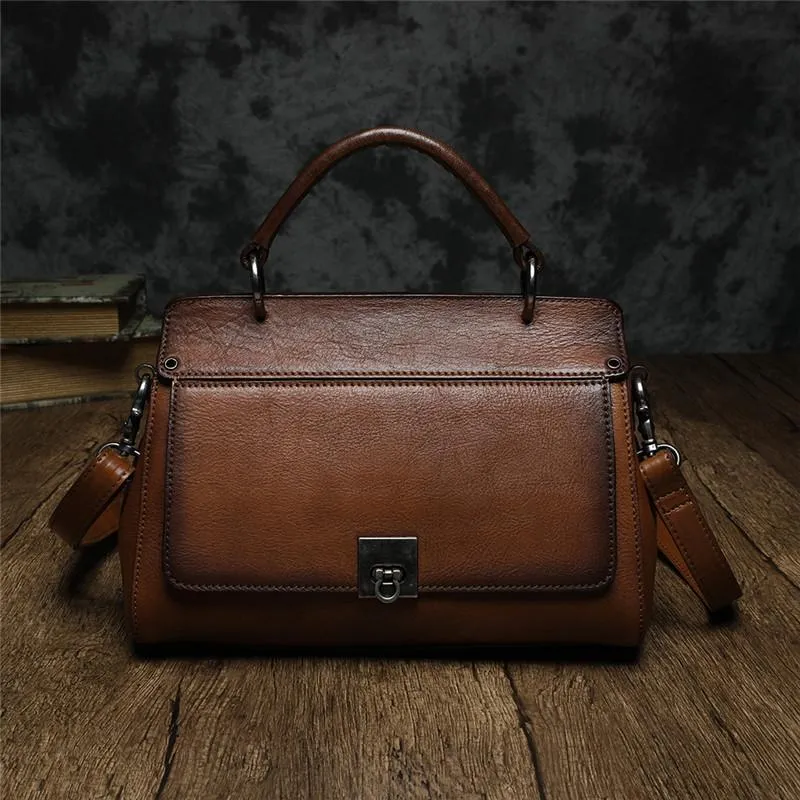 Brown Vintage Womens Leather Satchel Handbags Red Shoulder Bag Purses for Ladies