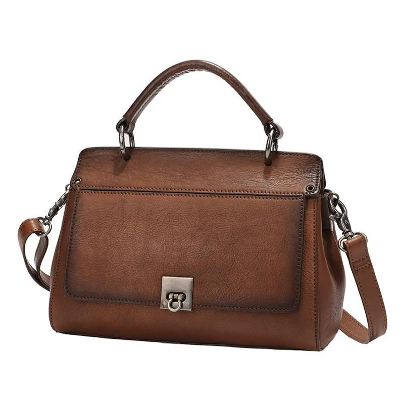 Brown Vintage Womens Leather Satchel Handbags Red Shoulder Bag Purses for Ladies