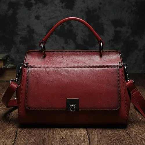Brown Vintage Womens Leather Satchel Handbags Red Shoulder Bag Purses for Ladies