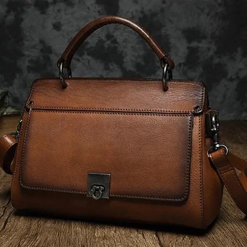 Brown Vintage Womens Leather Satchel Handbags Red Shoulder Bag Purses for Ladies