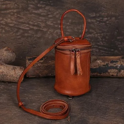 Brown Womens Leather Bucket Handbag Womens Barrel Purse Small Bucket Shoulder Purse