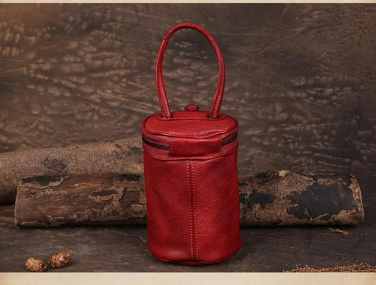 Brown Womens Leather Bucket Handbag Womens Barrel Purse Small Bucket Shoulder Purse