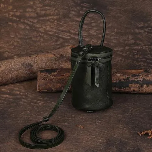 Brown Womens Leather Bucket Handbag Womens Barrel Purse Small Bucket Shoulder Purse