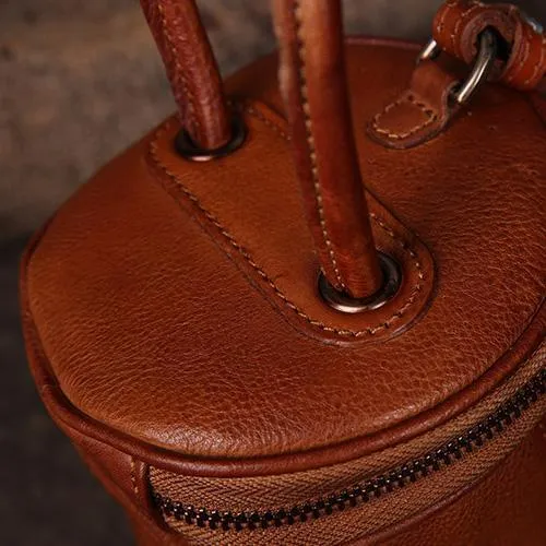 Brown Womens Leather Bucket Handbag Womens Barrel Purse Small Bucket Shoulder Purse