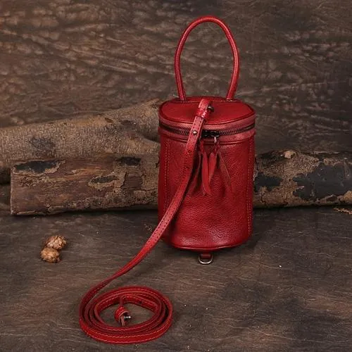 Brown Womens Leather Bucket Handbag Womens Barrel Purse Small Bucket Shoulder Purse