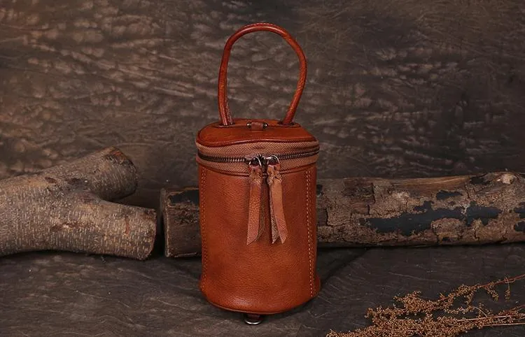Brown Womens Leather Bucket Handbag Womens Barrel Purse Small Bucket Shoulder Purse