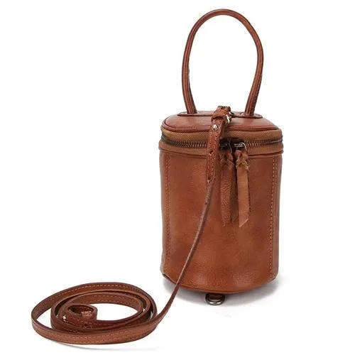 Brown Womens Leather Bucket Handbag Womens Barrel Purse Small Bucket Shoulder Purse
