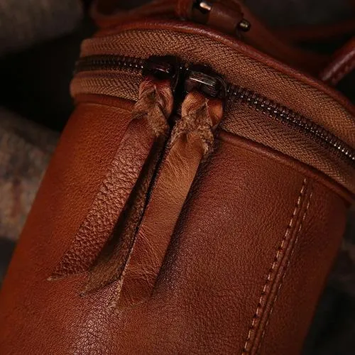 Brown Womens Leather Bucket Handbag Womens Barrel Purse Small Bucket Shoulder Purse