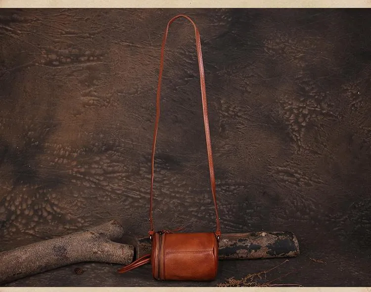 Brown Womens Leather Bucket Handbag Womens Barrel Purse Small Bucket Shoulder Purse