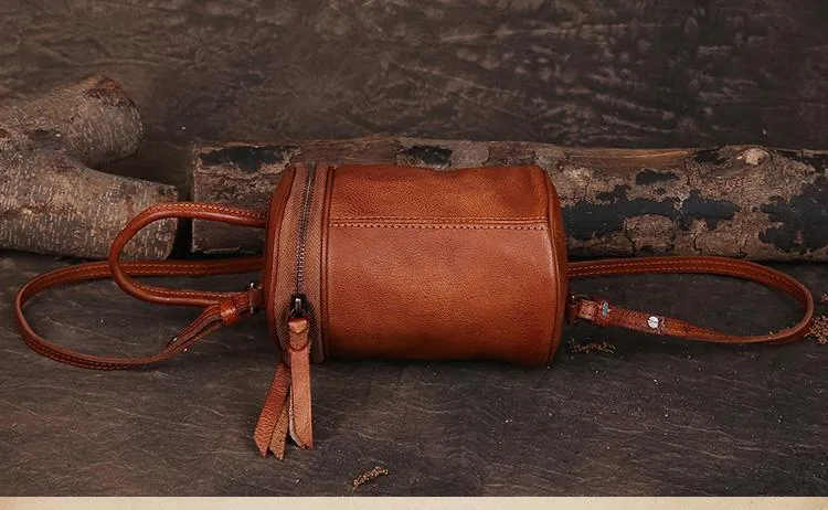 Brown Womens Leather Bucket Handbag Womens Barrel Purse Small Bucket Shoulder Purse