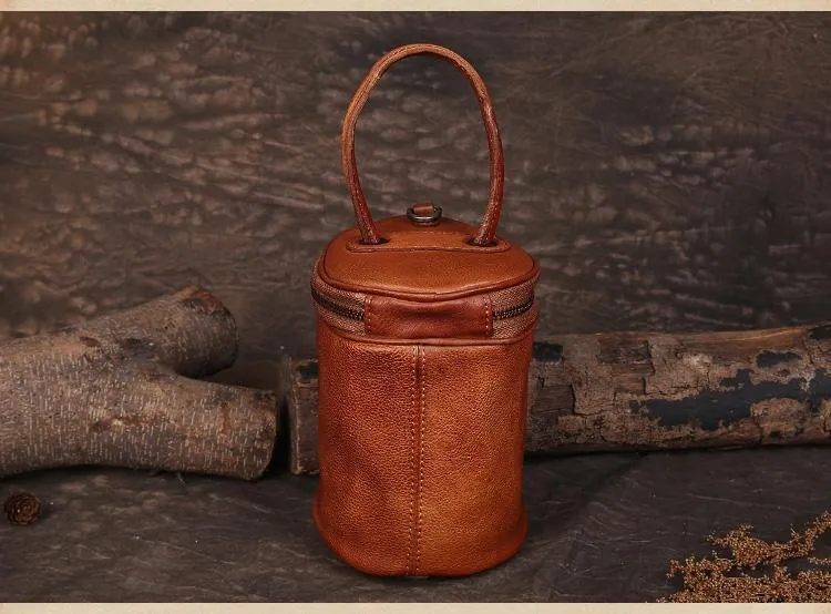 Brown Womens Leather Bucket Handbag Womens Barrel Purse Small Bucket Shoulder Purse
