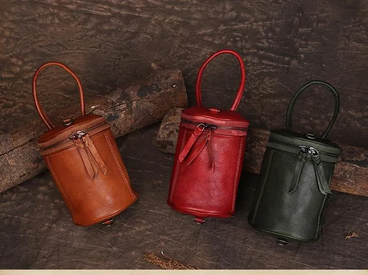 Brown Womens Leather Bucket Handbag Womens Barrel Purse Small Bucket Shoulder Purse