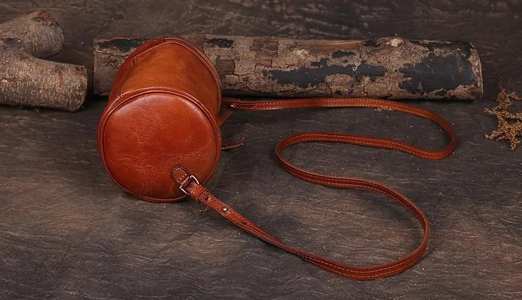 Brown Womens Leather Bucket Handbag Womens Barrel Purse Small Bucket Shoulder Purse