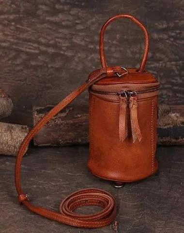 Brown Womens Leather Bucket Handbag Womens Barrel Purse Small Bucket Shoulder Purse