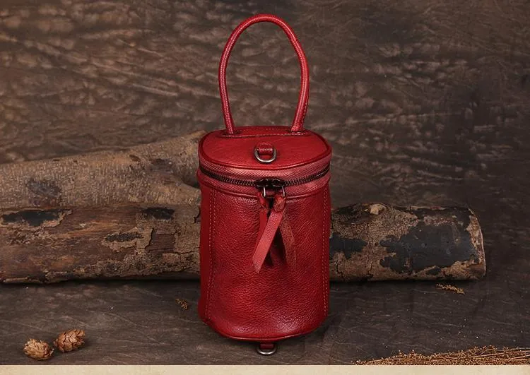 Brown Womens Leather Bucket Handbag Womens Barrel Purse Small Bucket Shoulder Purse