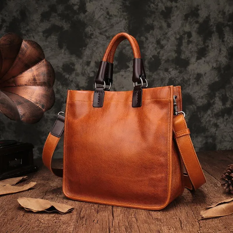 Brown Womens Vintage Leather Square Handbag Purse Black Crossbody Purse for Ladies