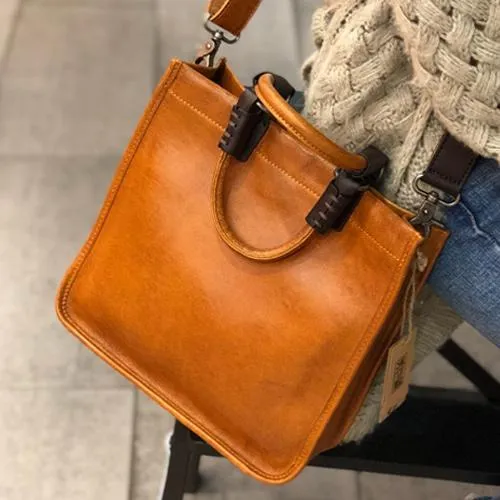 Brown Womens Vintage Leather Square Handbag Purse Black Crossbody Purse for Ladies