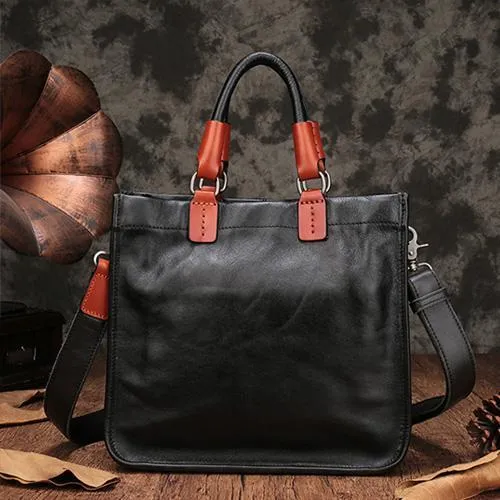 Brown Womens Vintage Leather Square Handbag Purse Black Crossbody Purse for Ladies