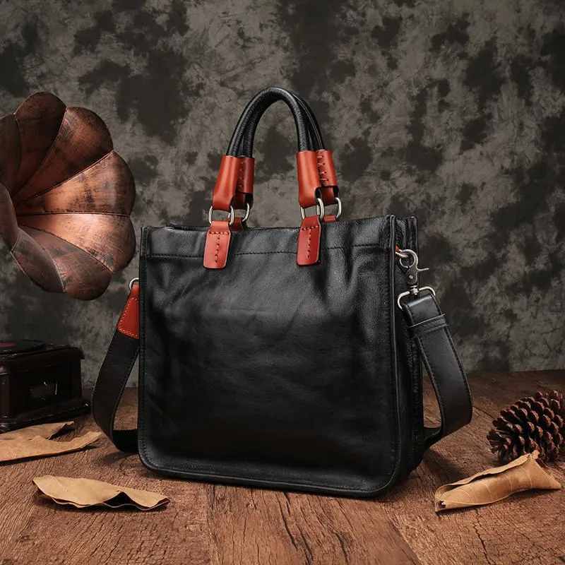 Brown Womens Vintage Leather Square Handbag Purse Black Crossbody Purse for Ladies
