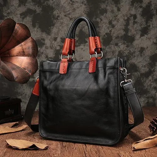 Brown Womens Vintage Leather Square Handbag Purse Black Crossbody Purse for Ladies