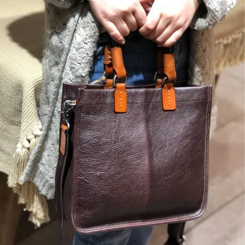 Brown Womens Vintage Leather Square Handbag Purse Black Crossbody Purse for Ladies