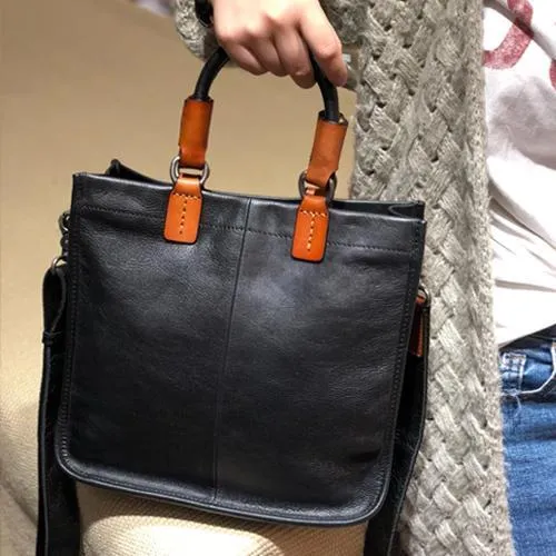 Brown Womens Vintage Leather Square Handbag Purse Black Crossbody Purse for Ladies