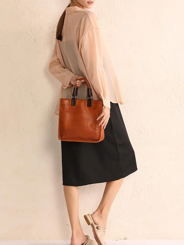 Brown Womens Vintage Leather Square Handbag Purse Black Crossbody Purse for Ladies