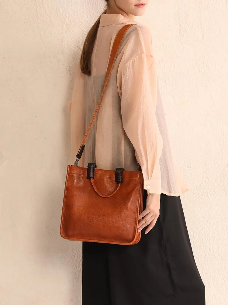 Brown Womens Vintage Leather Square Handbag Purse Black Crossbody Purse for Ladies