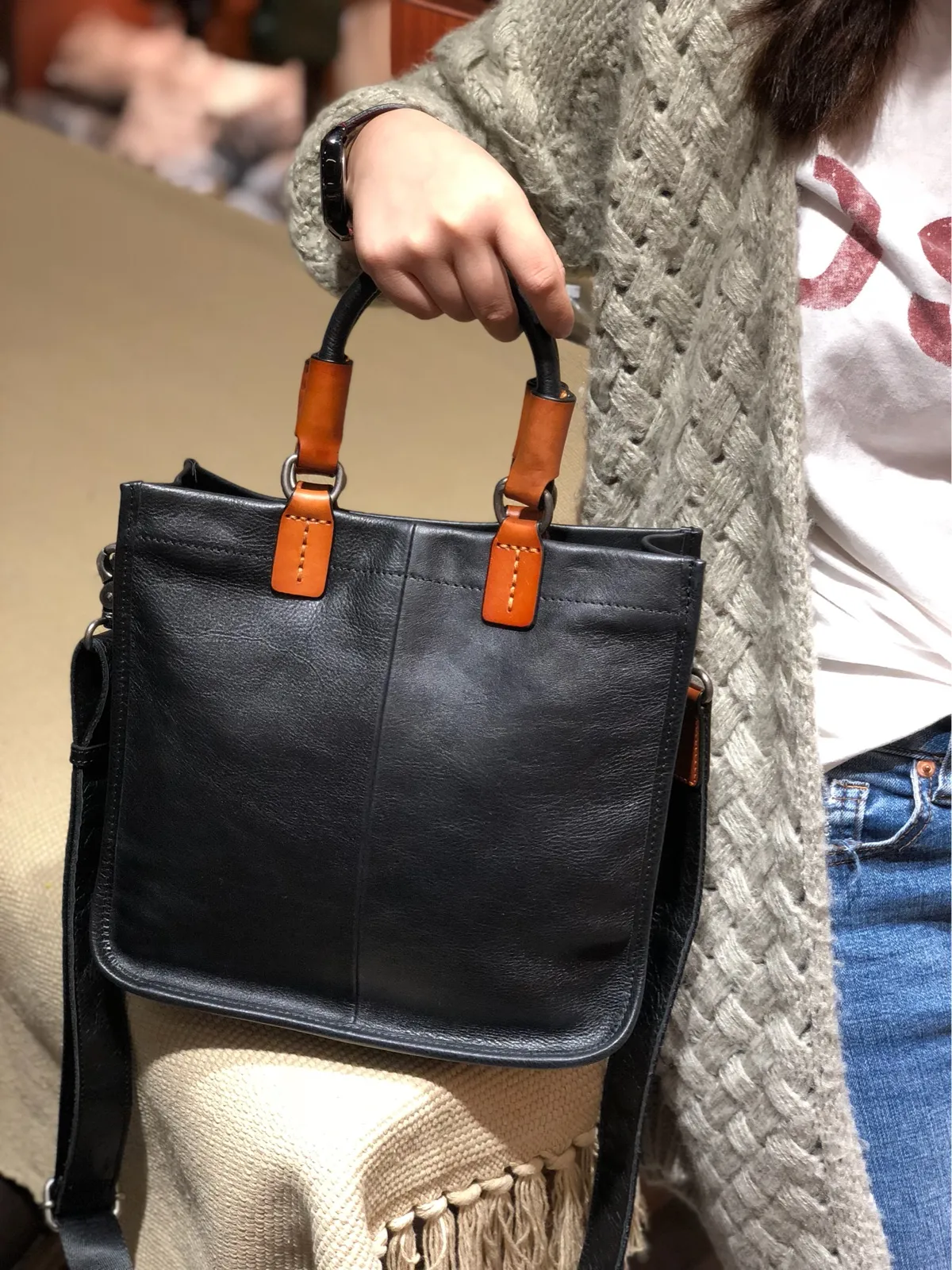 Brown Womens Vintage Leather Square Handbag Purse Black Crossbody Purse for Ladies