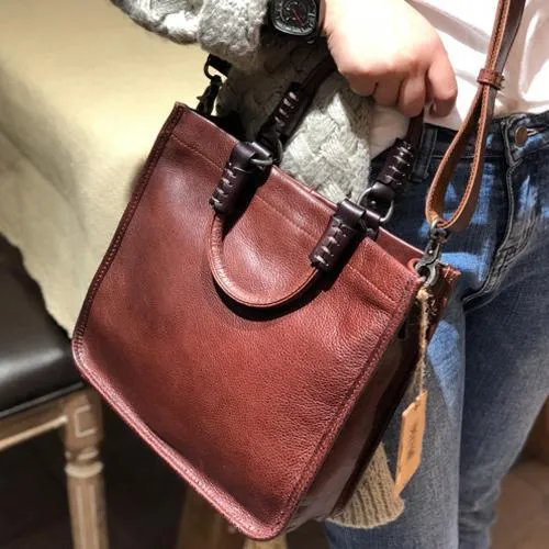 Brown Womens Vintage Leather Square Handbag Purse Black Crossbody Purse for Ladies