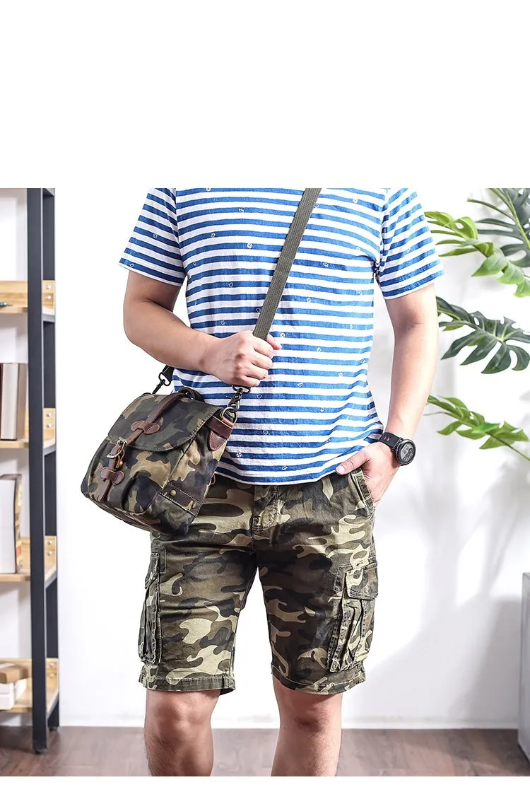 Camouflage Waxed Canvas Leather Mens Waterproof Side Bag Postman Bag Messenger Bag for Men