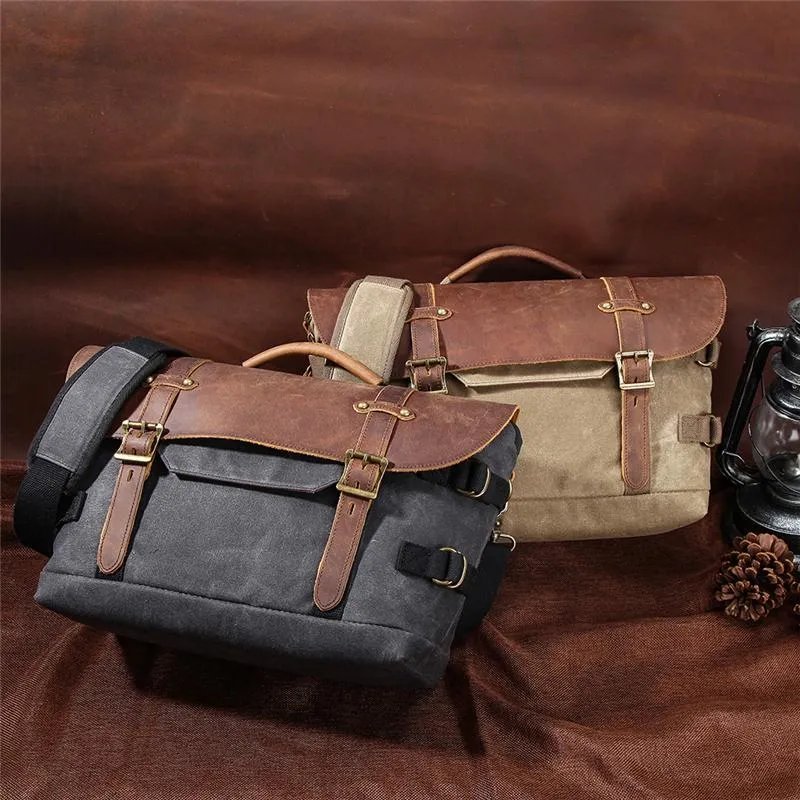 Canvas Leather Mens 14???? CANON CAMERA Messenger Bag NIKON CAMERA Side BAG DSLR CAMERA BAG