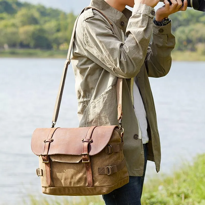Canvas Leather Mens 14???? CANON CAMERA Messenger Bag NIKON CAMERA Side BAG DSLR CAMERA BAG