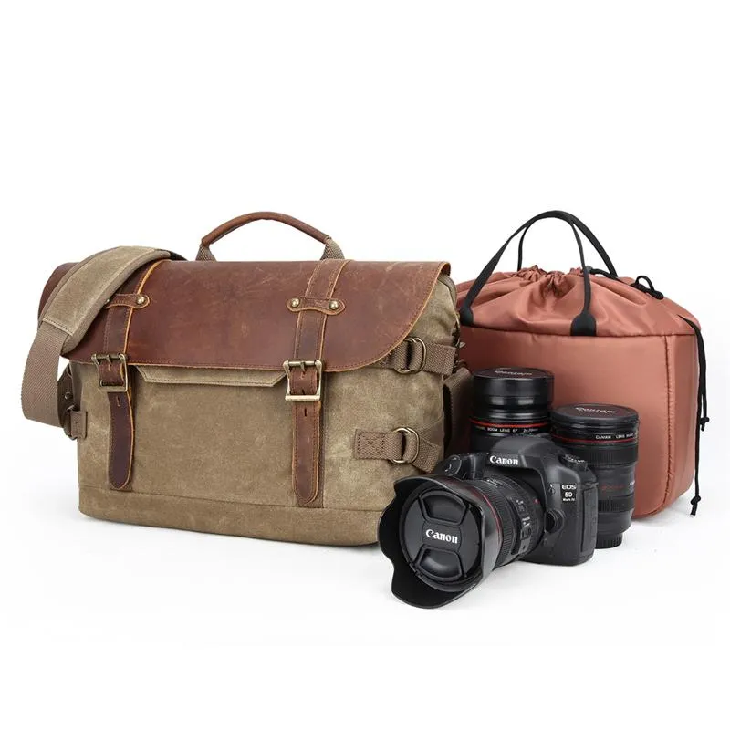 Canvas Leather Mens 14???? CANON CAMERA Messenger Bag NIKON CAMERA Side BAG DSLR CAMERA BAG