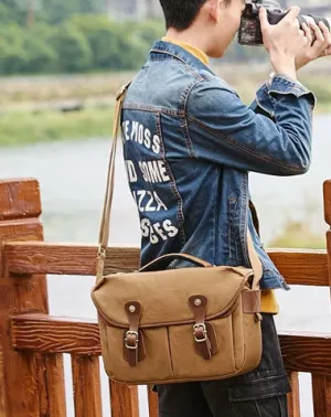 Canvas Leather Mens 14'' Waterproof Army Green CANON CAMERA Khaki Messenger Bag NIKON CAMERA Side BAG DSLR CAMERA BAG
