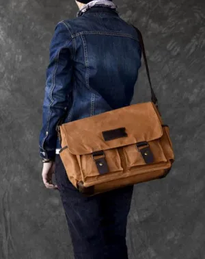 Canvas Leather Mens Large Khaki Side Bag 14'' Brown Messenger Bag Shoulder Bag For Men