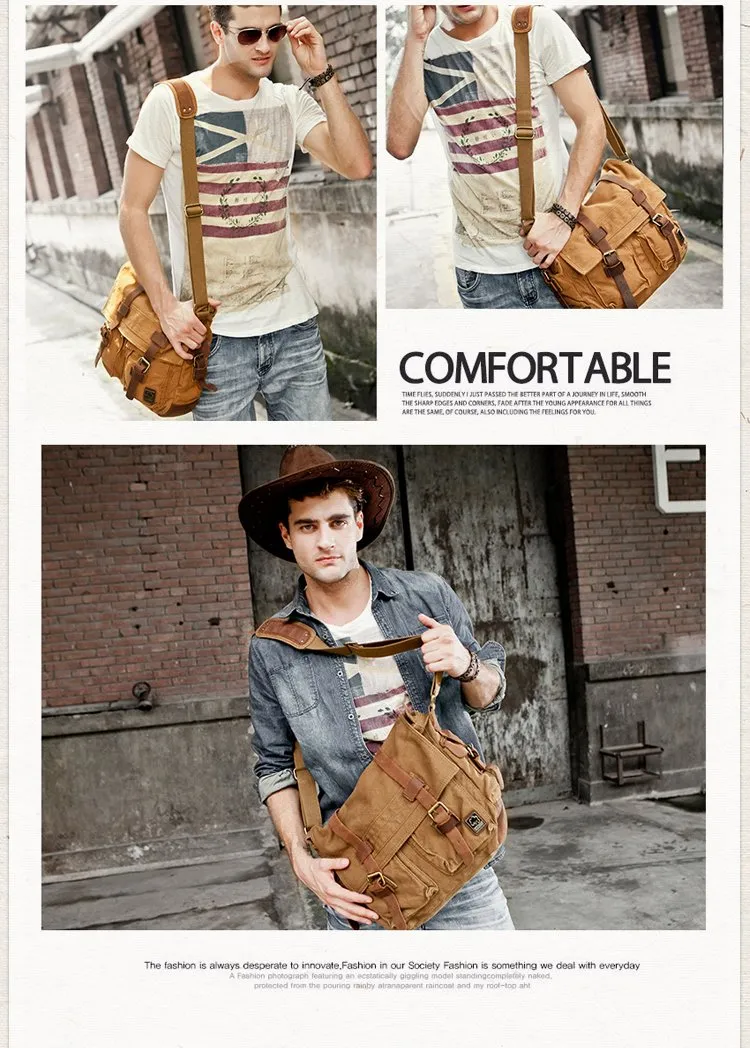Canvas Leather Mens Vintage 14" Brown Travel Side Bag Black Messenger Bag Blue Shoulder Bag for Men