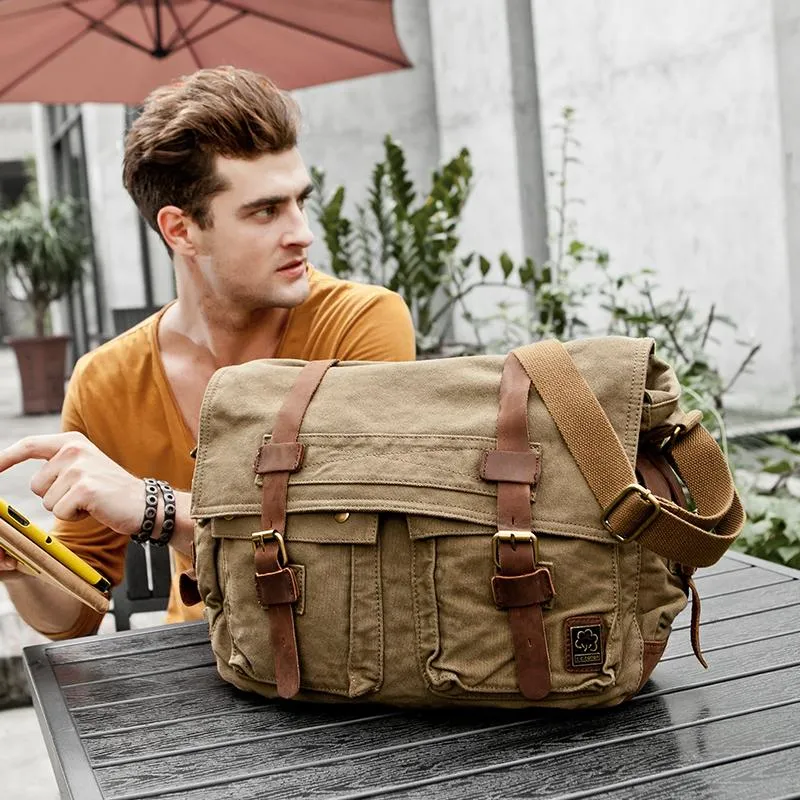 Canvas Leather Mens Vintage 14" Brown Travel Side Bag Black Messenger Bag Blue Shoulder Bag for Men