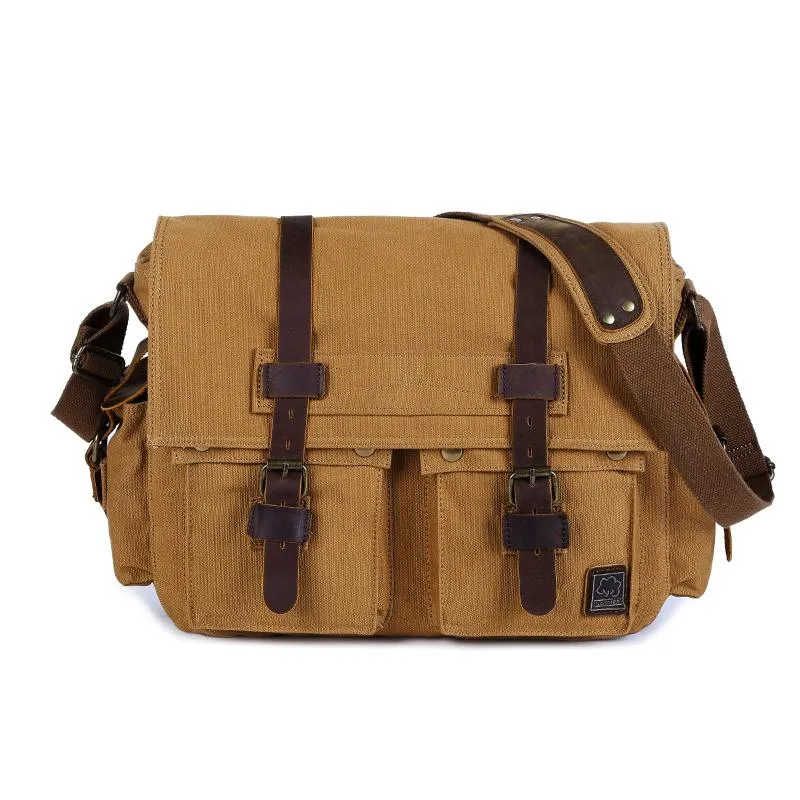Canvas Leather Mens Vintage 14" Brown Travel Side Bag Black Messenger Bag Blue Shoulder Bag for Men