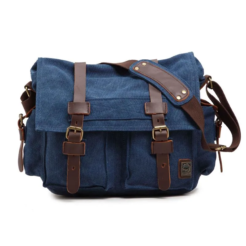 Canvas Leather Mens Vintage 14" Brown Travel Side Bag Black Messenger Bag Blue Shoulder Bag for Men